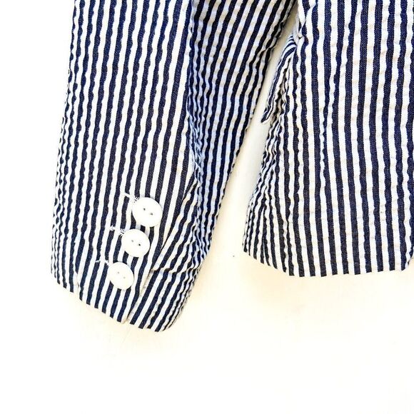 Sandro Navy Blue White Stripped Seersucker Long Sleeve Three Button Blazer - Picture 7 of 9